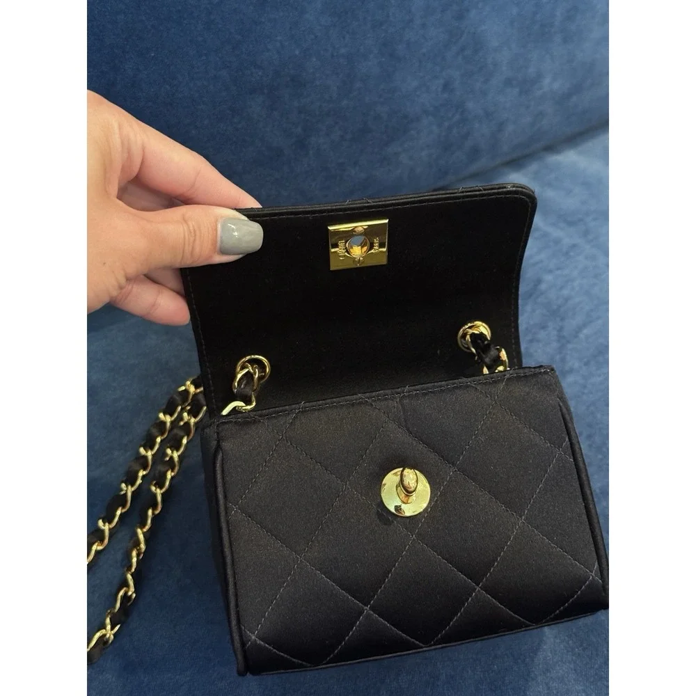 Vintage Chanel Black Satin Mini Square‎ flap Crossbody Bag